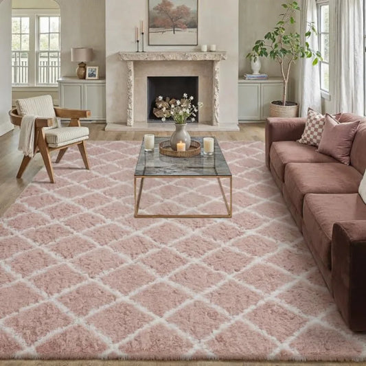 Checkered Living Room Rug Modern Plush Non Slip Area Carpet