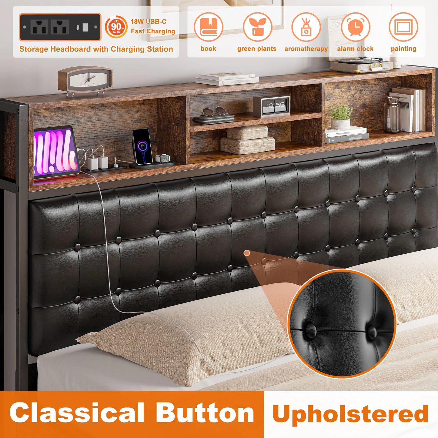 EnHomee Bed Frame With Upholstered Headboard Storage Drawers Charging Station