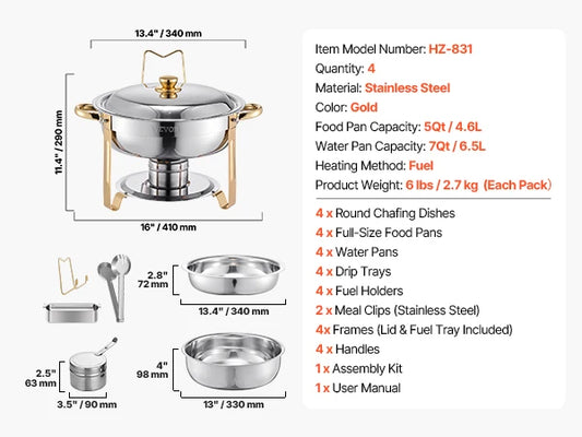 SucceBuy Round Stainless Steel Chafing Dish Buffet Set With Four Pans