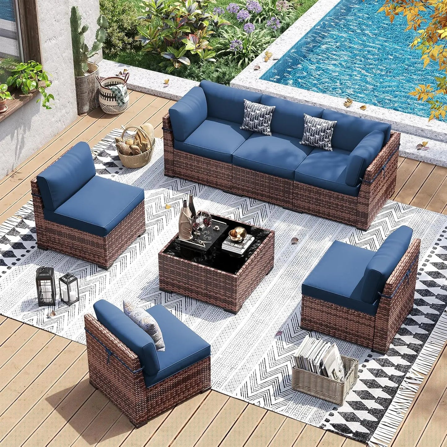 Outdoor Wicker Patio Furniture Set With Tea Table And Waterproof Sofa Cover
