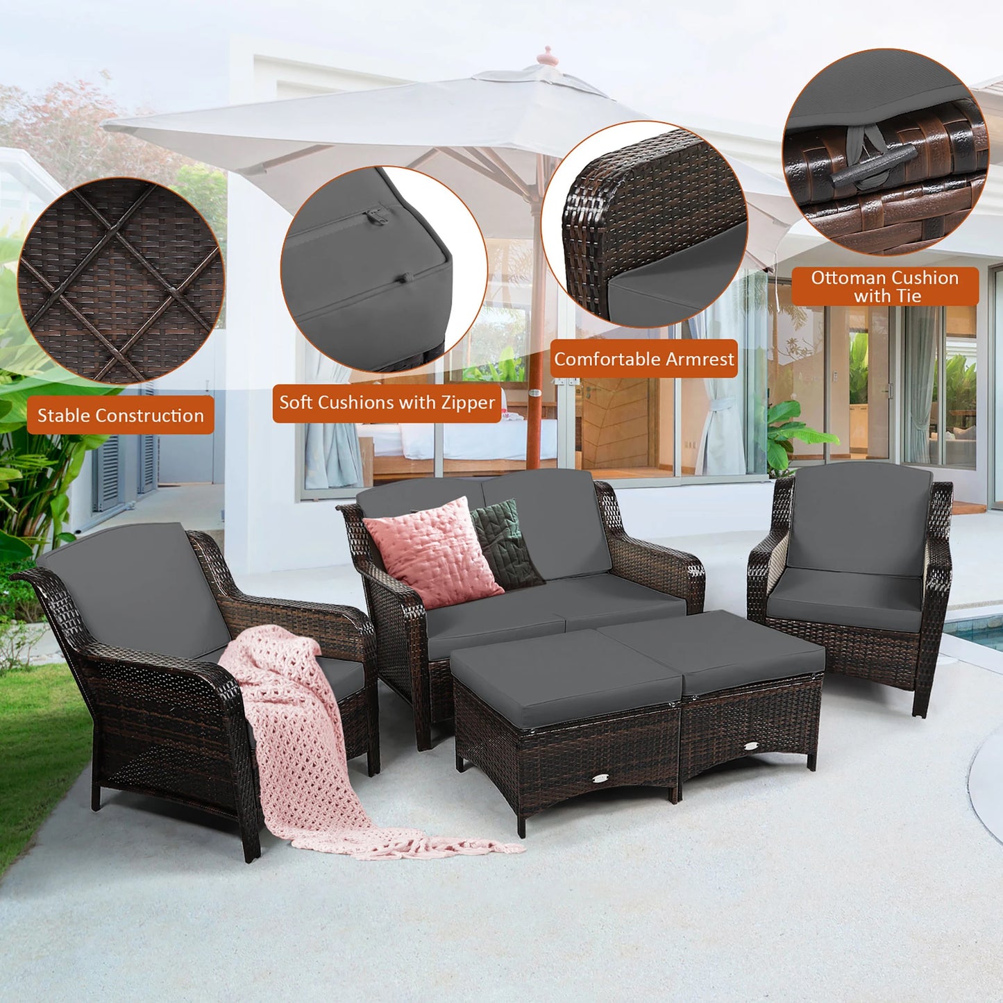 HOMASIS 5 Piece Outdoor Patio Rattan Sofa Set With Cushions