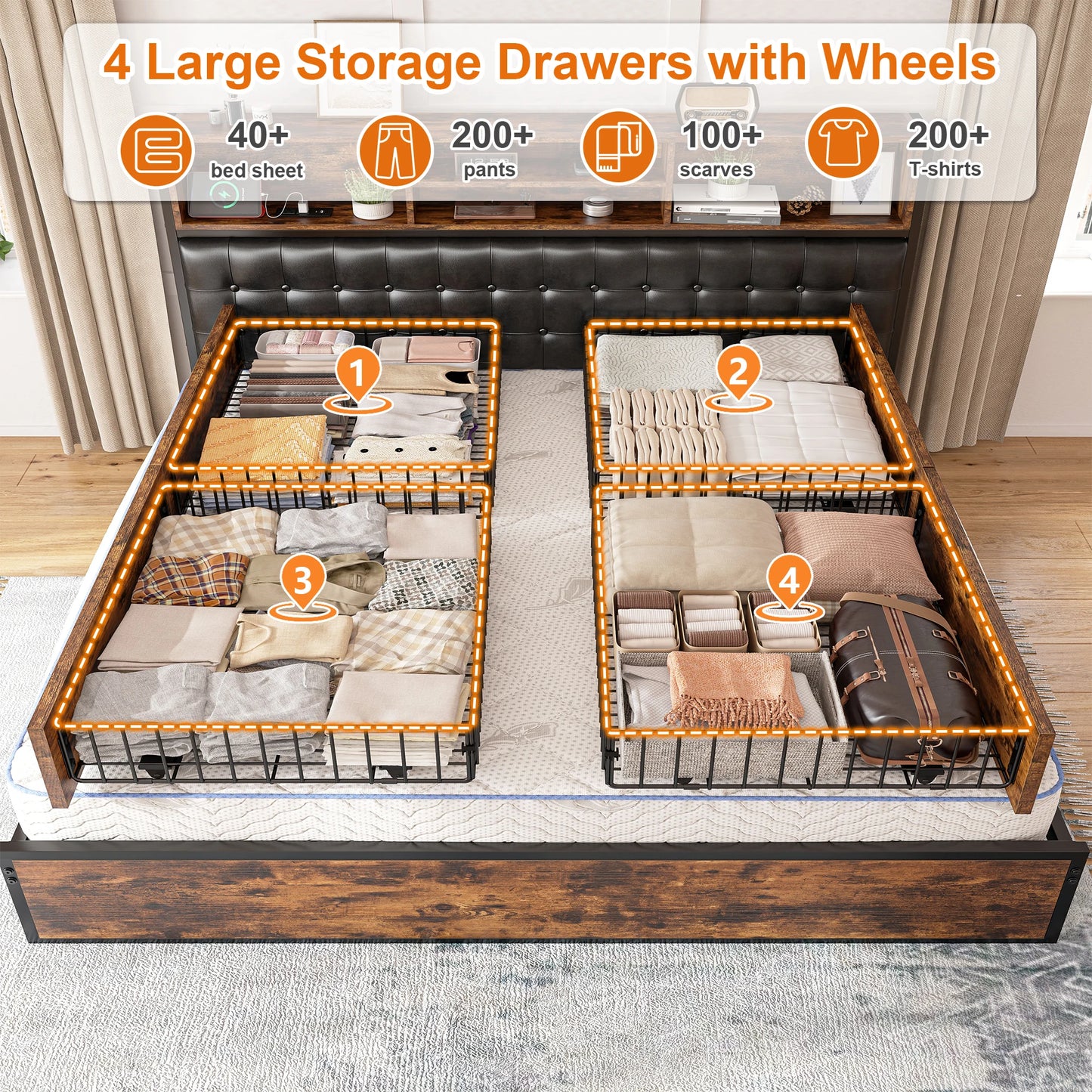 EnHomee Bed Frame With Upholstered Headboard Storage Drawers Charging Station