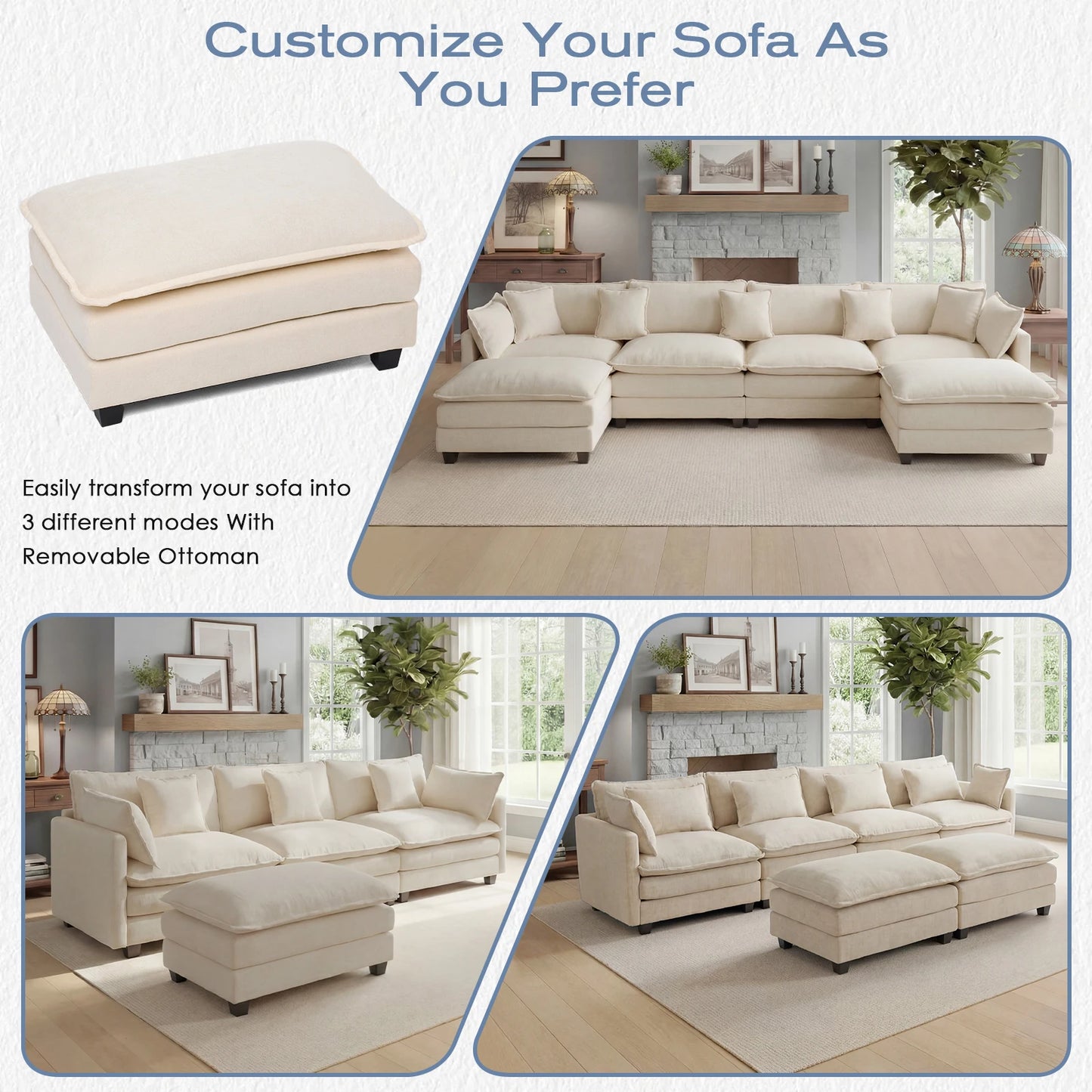 Redlife Modular Sectional Sofa With Ottoman Deep Seat