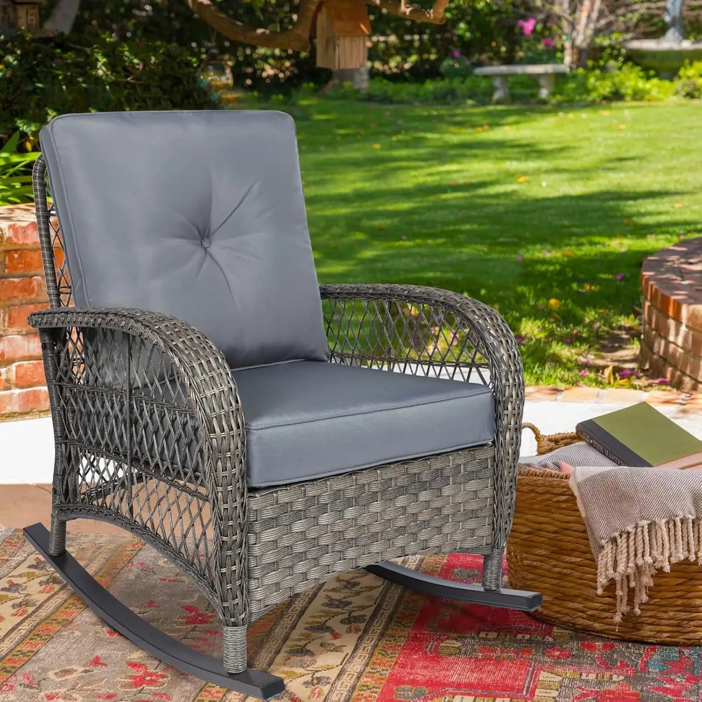 All-Weather Wicker Rocking Chair High Back For Garden Porch