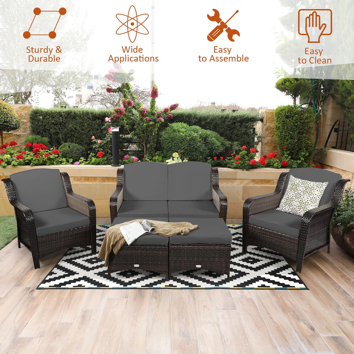HOMASIS 5 Piece Outdoor Patio Rattan Sofa Set With Cushions