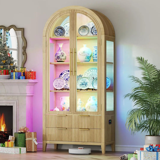 Arched RGB Curio Cabinet With Glass Doors And Drawers