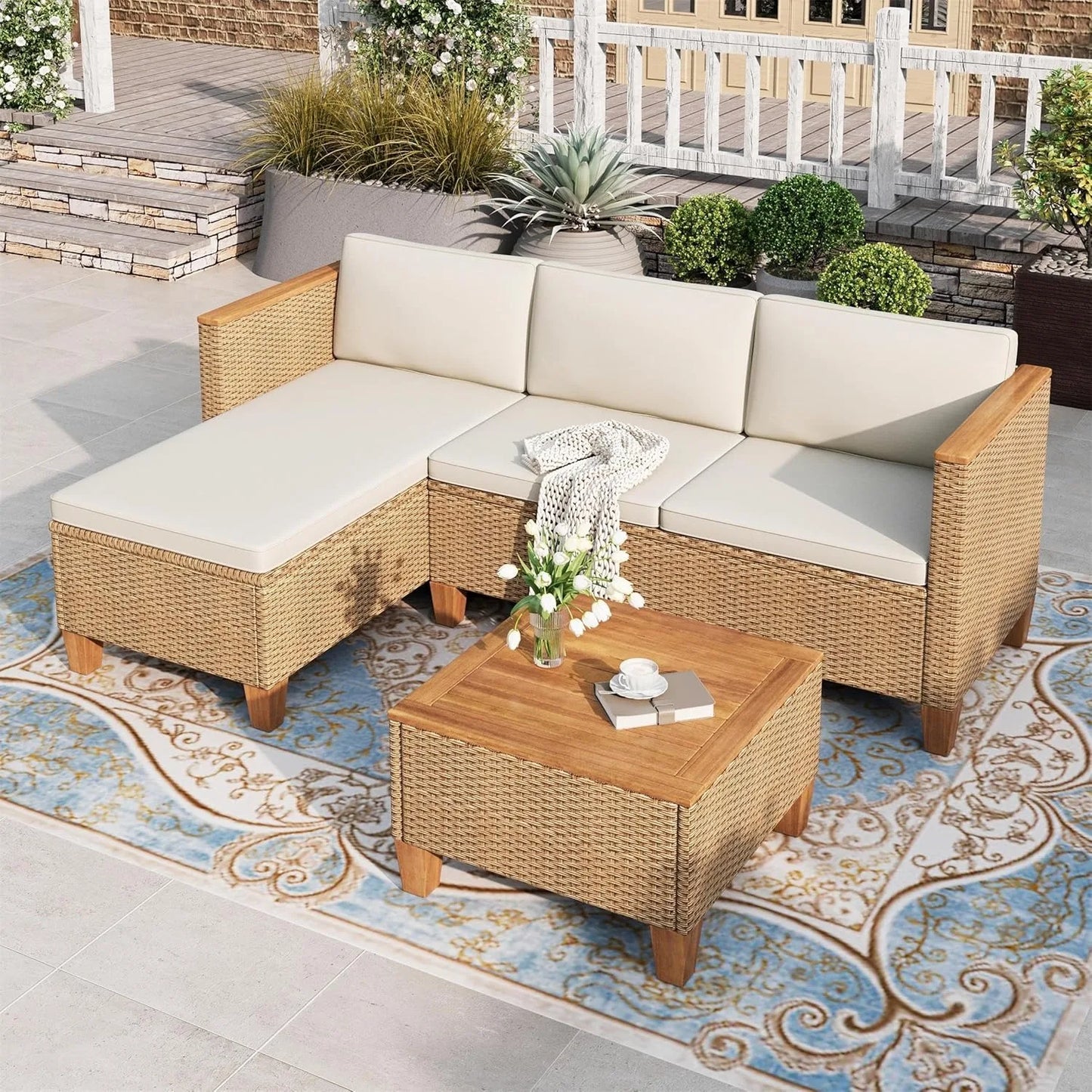 XIUWO 3 Piece Outdoor Wicker Patio Set With Sofa Table