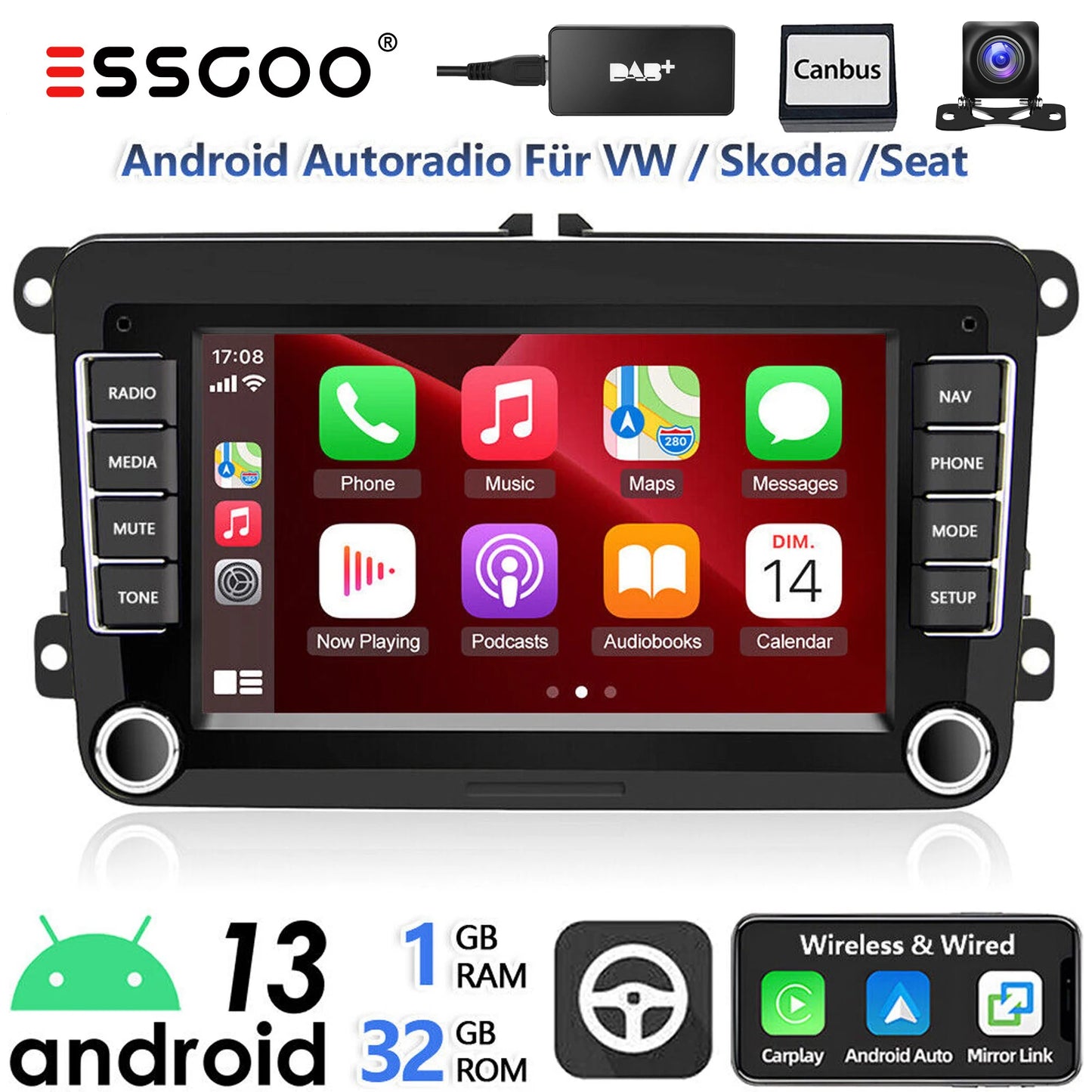 ESSGOO Android 14 Car Stereo with CarPlay for VW Golf