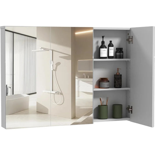 Medicine Cabinet With Three Mirrored Doors And Adjustable Shelves