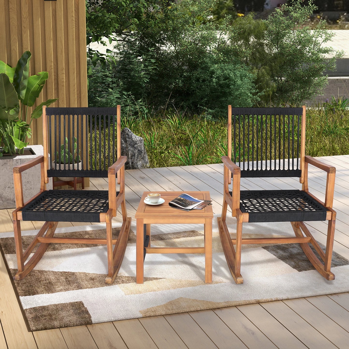 HOMASIS 3 Piece Acacia Wood Patio Bistro Set Rocking Chairs