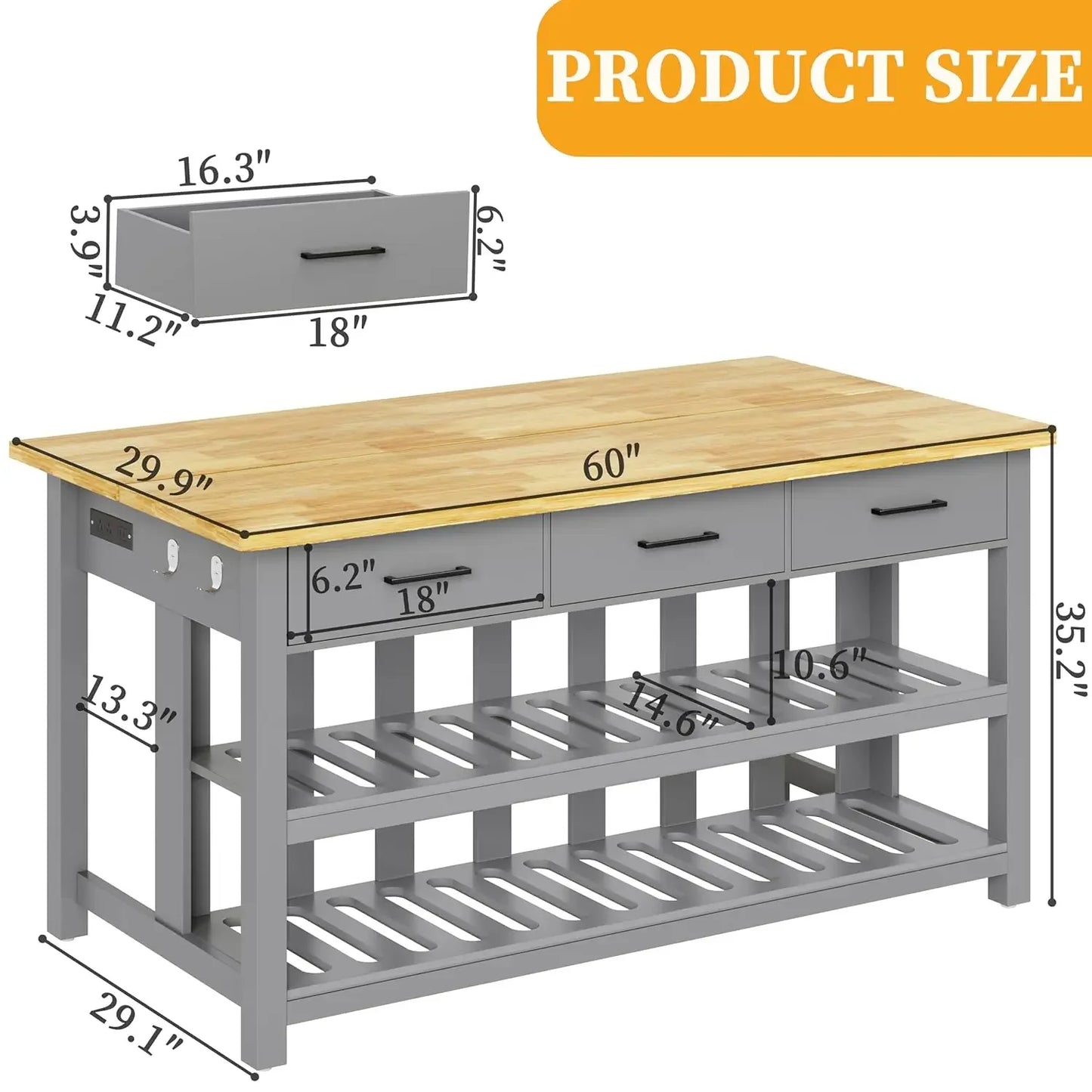 Solid Rubberwood Kitchen Island With Power Outlets And Storage Drawers