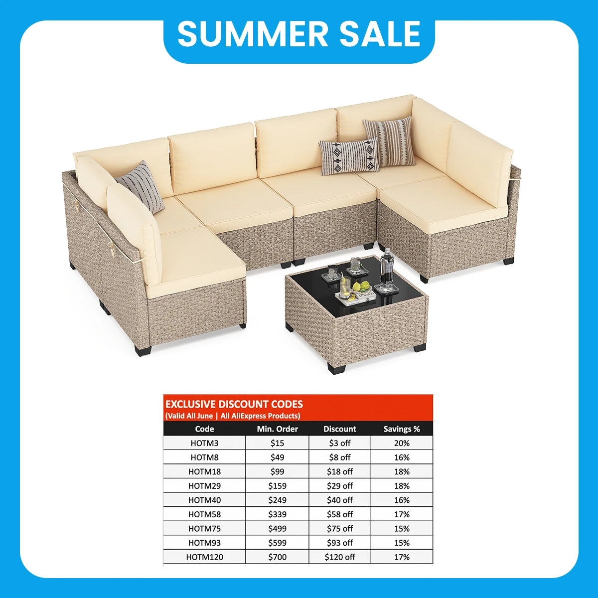 Soohow 7 Piece Outdoor Patio Furniture Set Rattan Glass Table