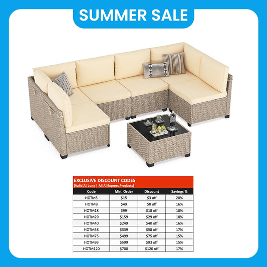 Soohow 7 Piece Outdoor Patio Furniture Set Rattan Glass Table