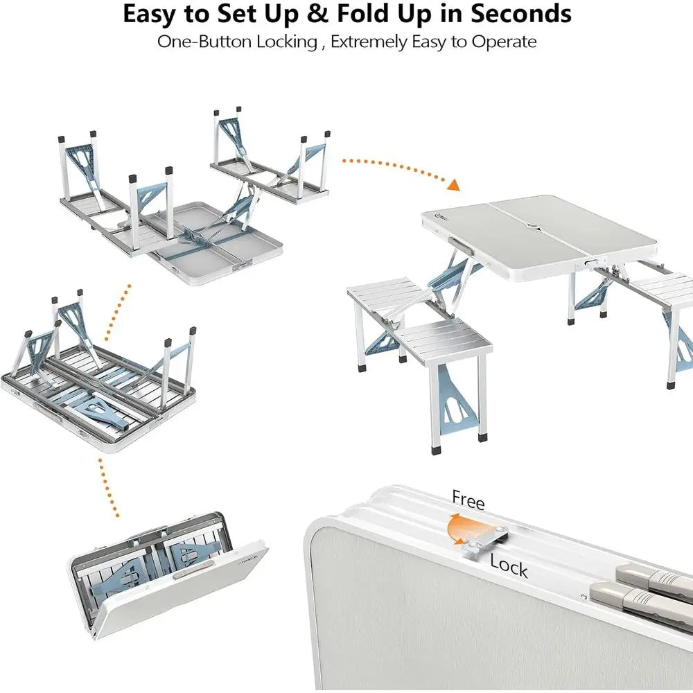 Foldable Aluminum Picnic Table With Seats And Umbrella Hole Portable Handle