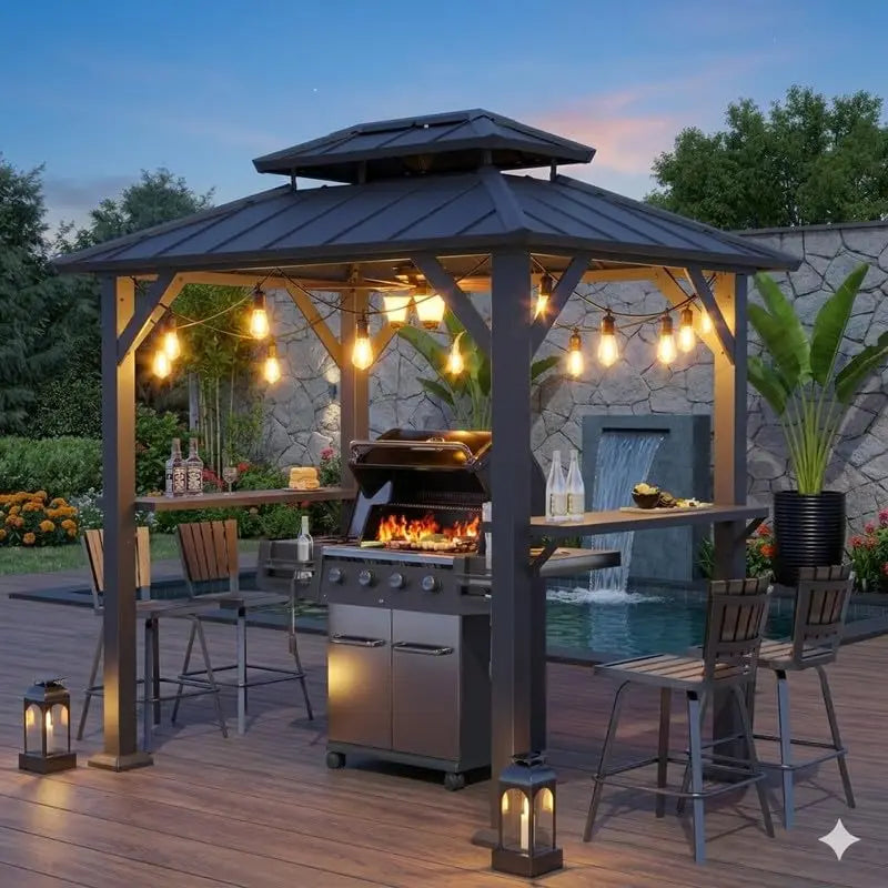 Grill Gazebo With String Lights Outdoor Galvanized Steel Hardtop Canopy