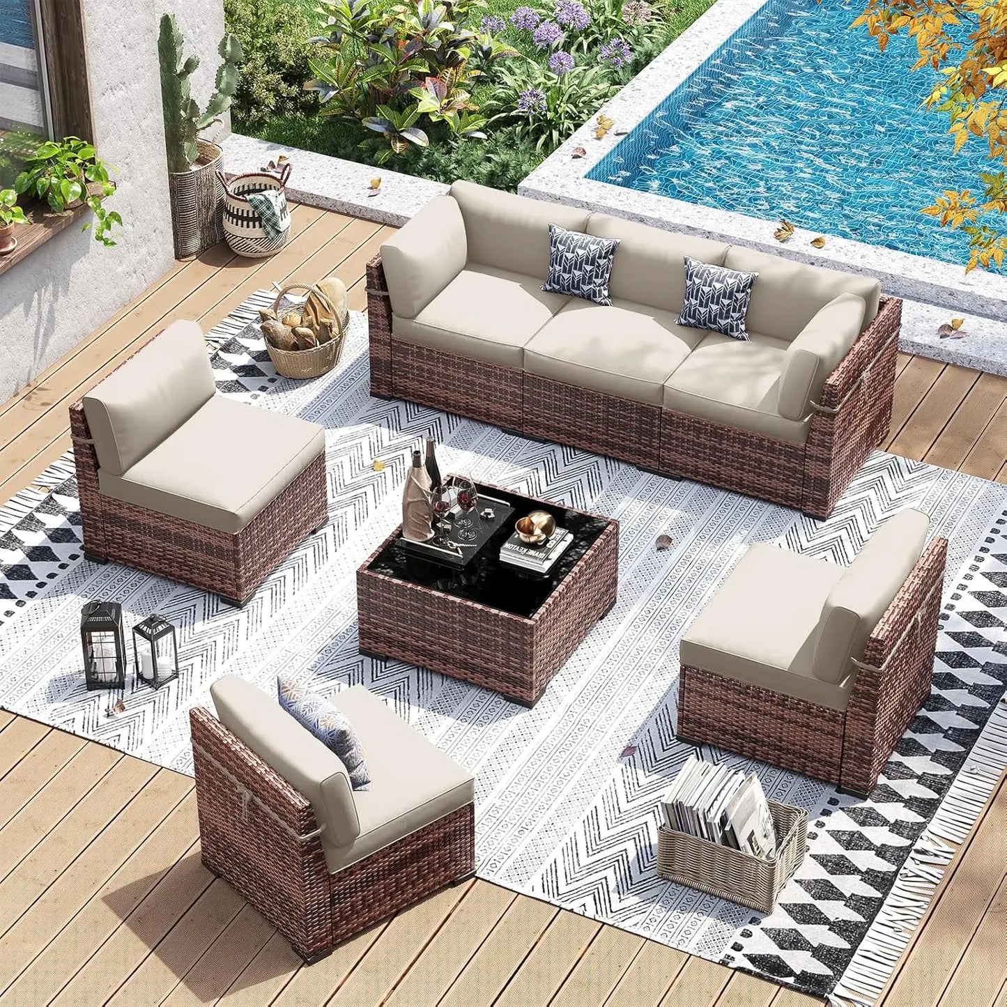 Outdoor Wicker Patio Furniture Set With Tea Table And Waterproof Sofa Cover