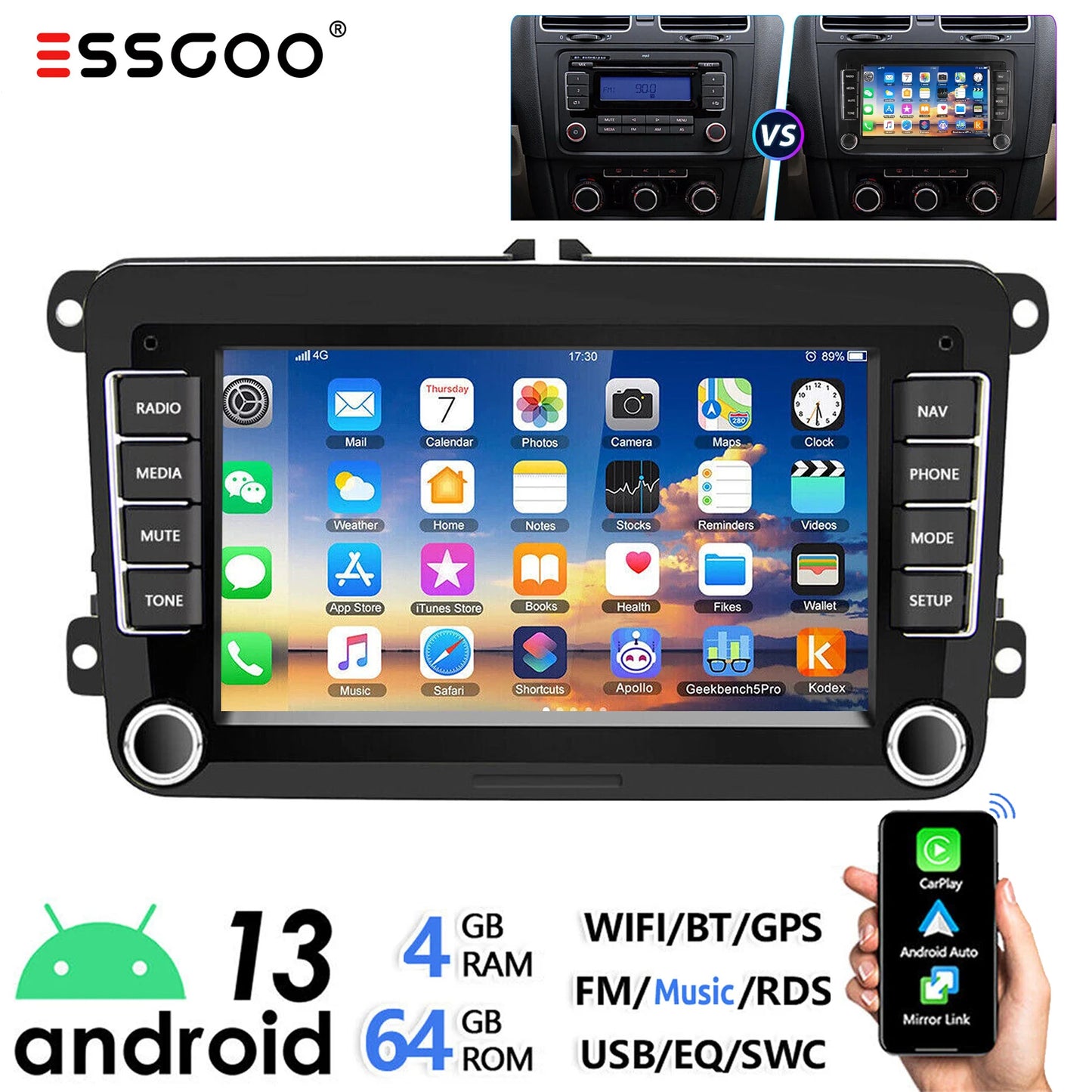 ESSGOO Android 14 Car Stereo with CarPlay for VW Golf
