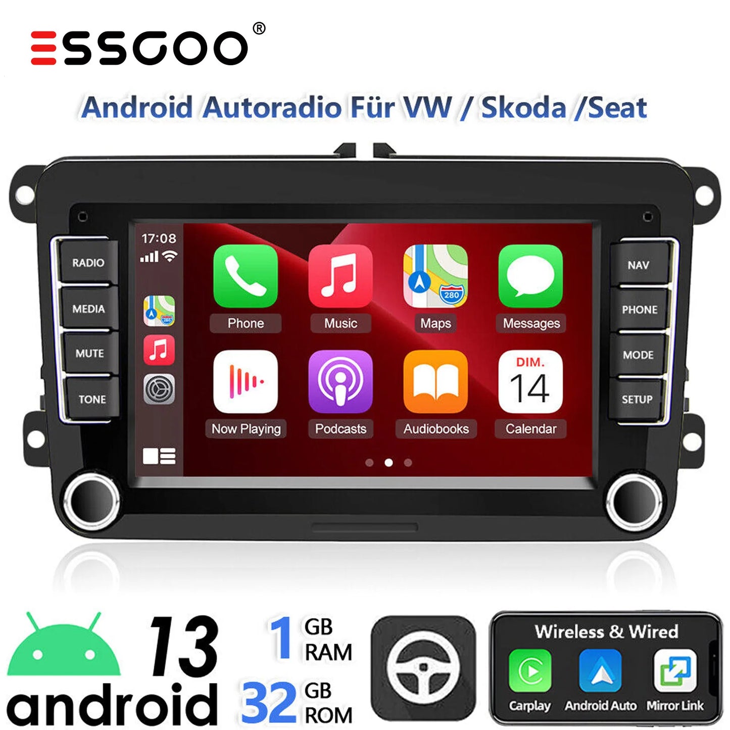 ESSGOO Android 14 Car Stereo with CarPlay for VW Golf