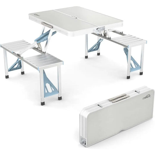 Foldable Aluminum Picnic Table With Seats And Umbrella Hole Portable Handle