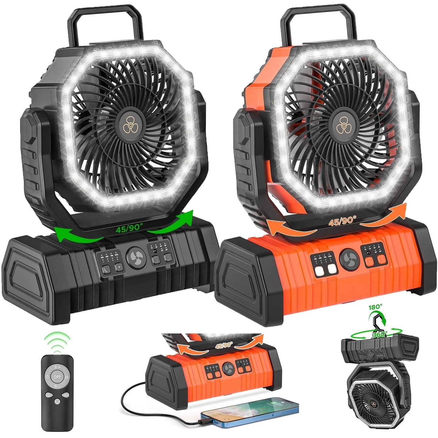 Camping Fan 20000mAh Rechargeable Battery Powered With LED Light