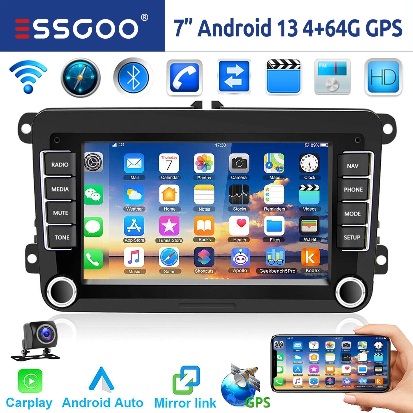ESSGOO Android 14 Car Stereo with CarPlay for VW Golf