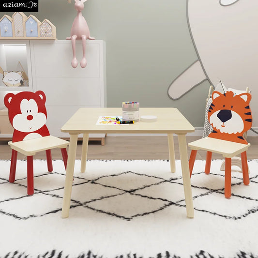 AZIAMOR Kids Table and Chairs Set Bear Tiger Wooden Activity