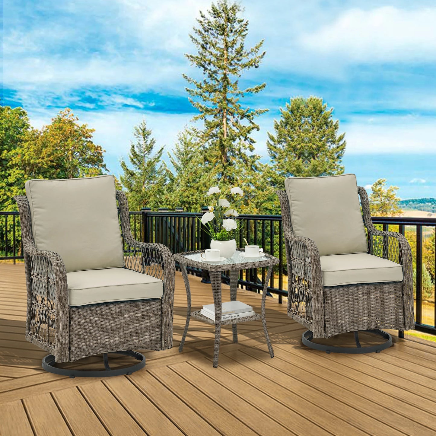 HobbyLane Outdoor Wicker Swivel Chairs Set With Rattan Side Table