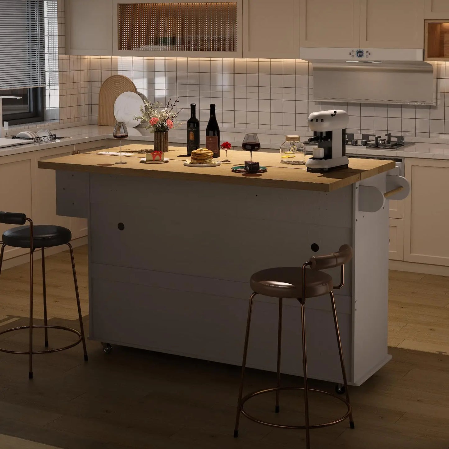 ONBRILL Mobile Kitchen Island With Power Outlet Drop Leaf Spice Rack