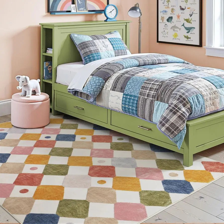 Kids Area Rug Washable Indoor Non Slip Diamond Pattern Carpet