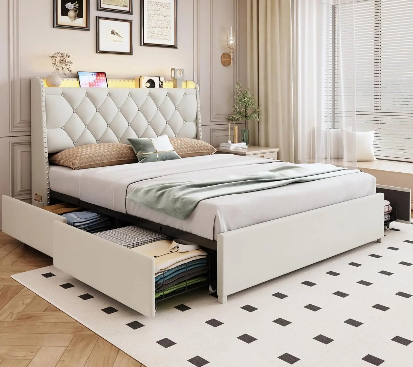 Queen Bed Frame With Storage Headboard LED USB Charging