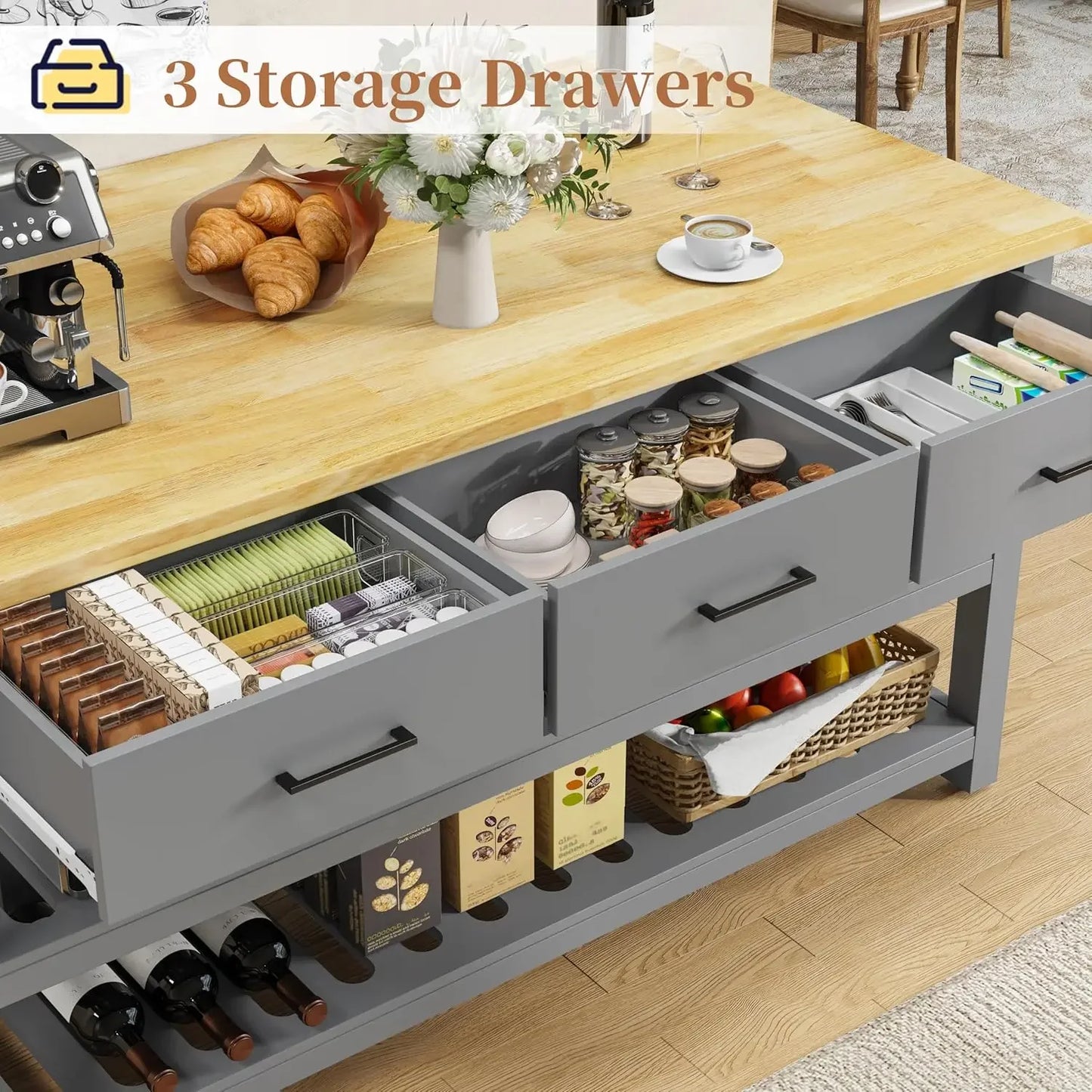 Solid Rubberwood Kitchen Island With Power Outlets And Storage Drawers