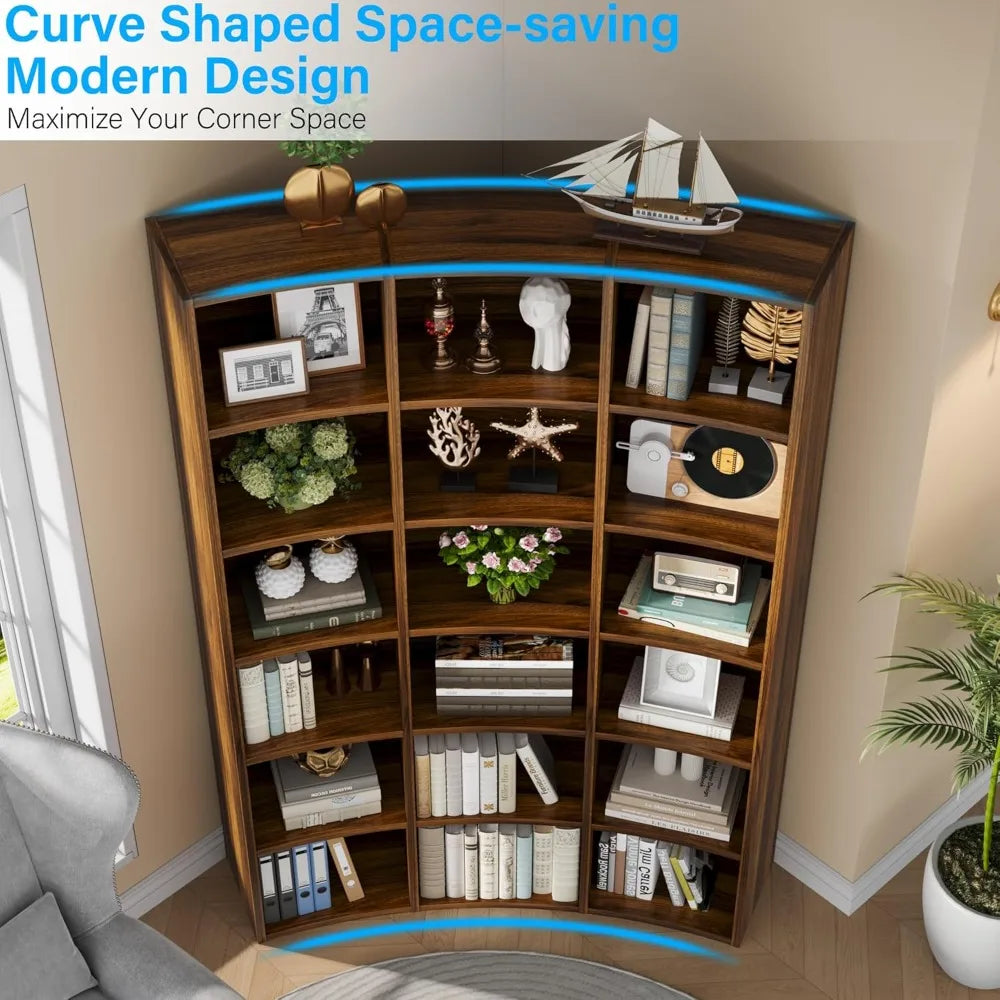 6 Tier Corner Bookshelf Curved Modern Bookcase With Open Storage