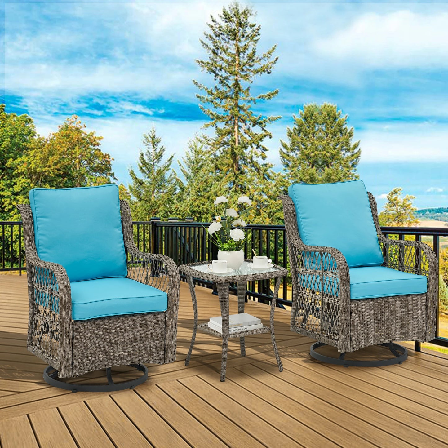 HobbyLane Outdoor Wicker Swivel Chairs Set With Rattan Side Table