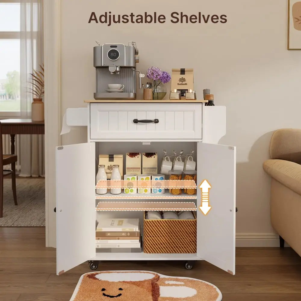 Kitchen Island Cart With Adjustable Shelf Drawer Storage On Wheels