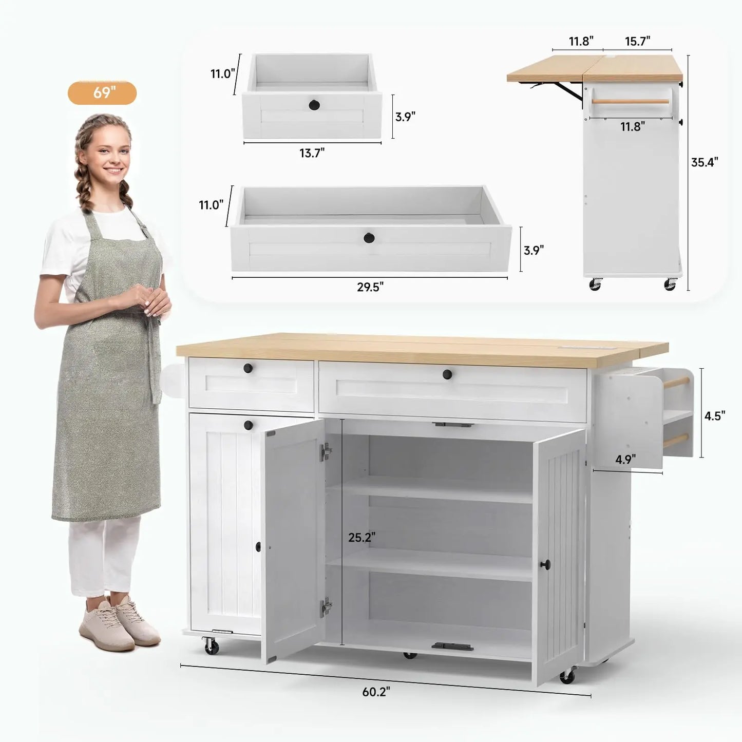 ONBRILL Mobile Kitchen Island With Power Outlet Drop Leaf Spice Rack
