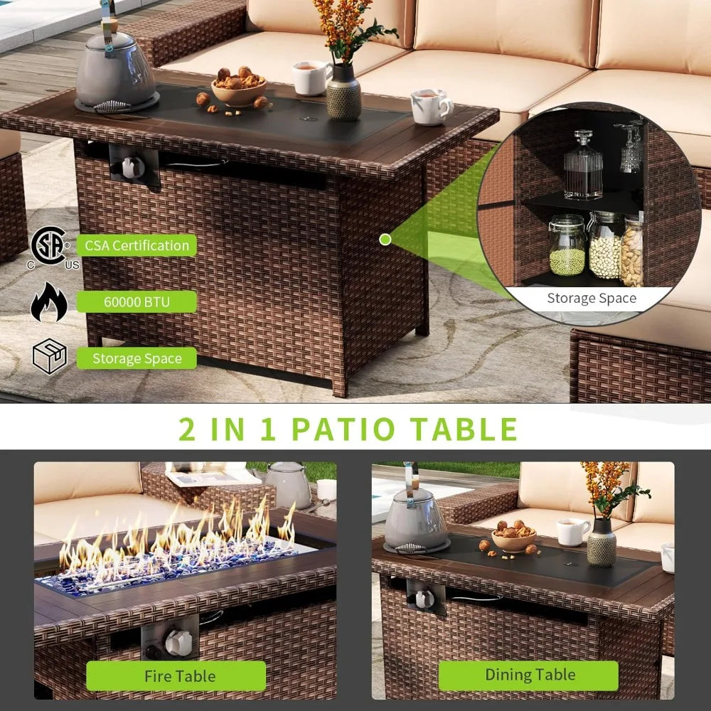 7 Piece Outdoor Patio Furniture Set With Fire Pit Table And Cushions