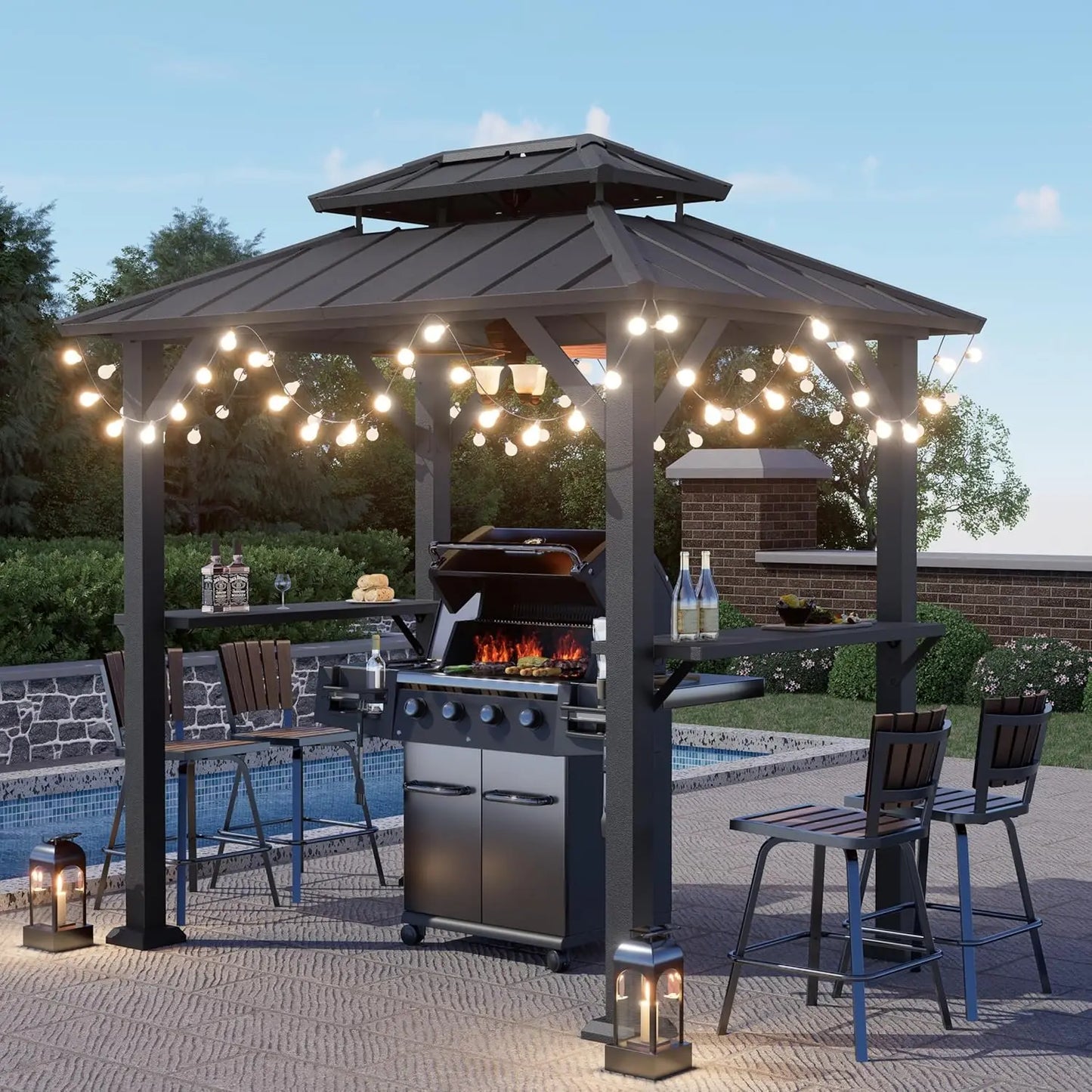 Grill Gazebo With String Lights Outdoor Galvanized Steel Hardtop Canopy