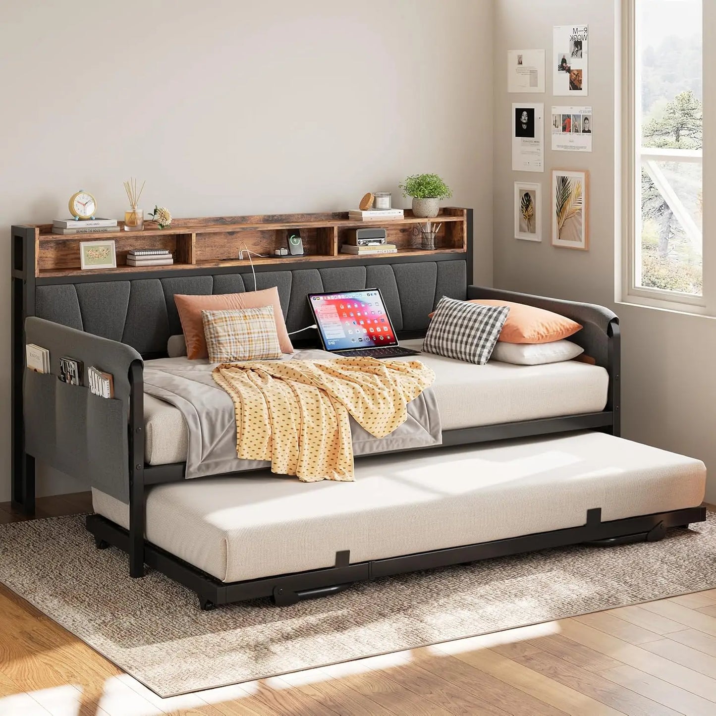 LIKIMIO Daybed With Trundle Bed Upholstered Headboard And Charge Station