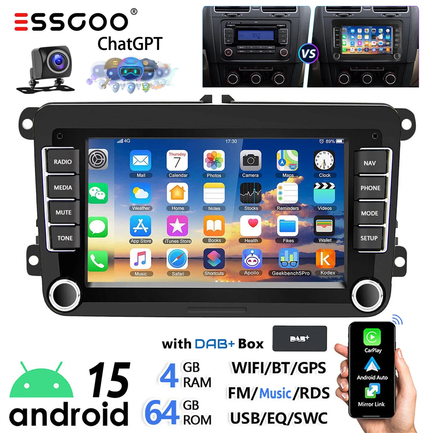 ESSGOO Android 14 Car Stereo with CarPlay for VW Golf