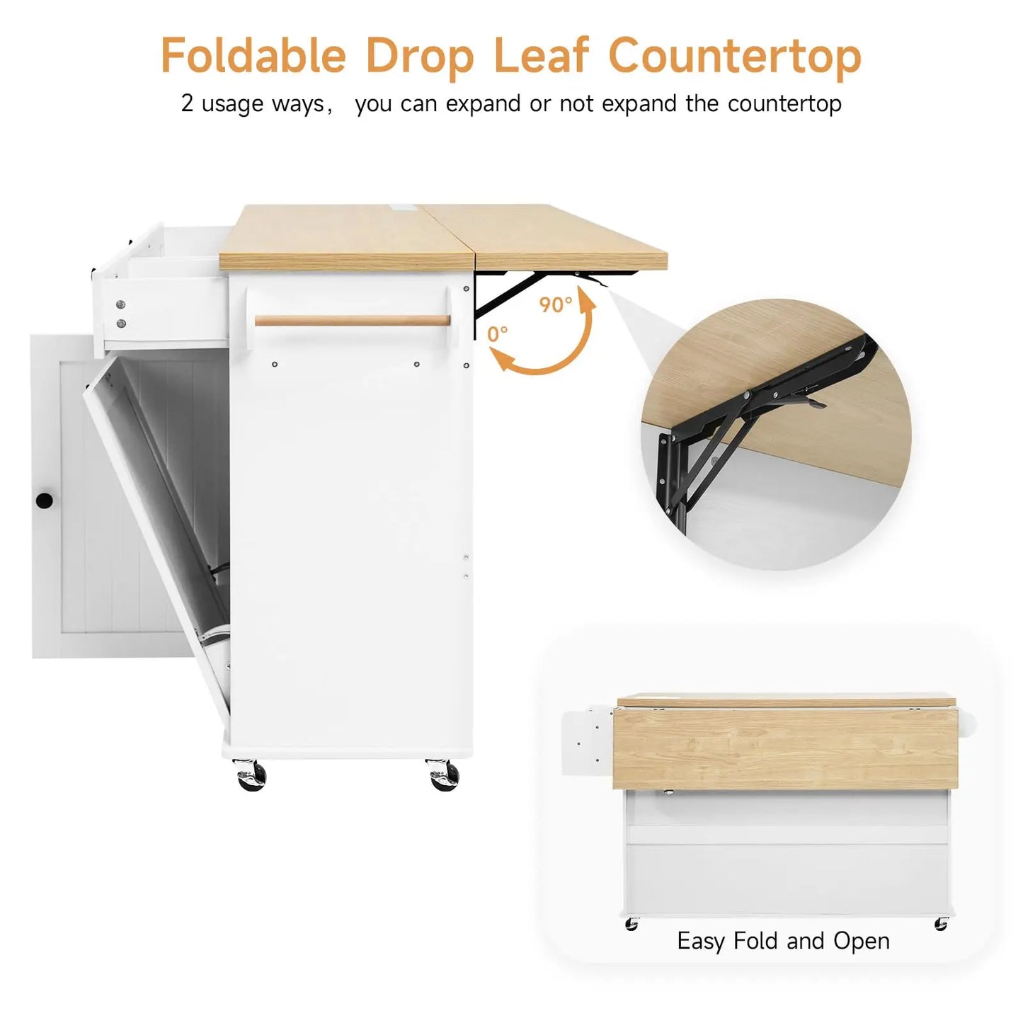 ONBRILL Mobile Kitchen Island With Power Outlet Drop Leaf Spice Rack