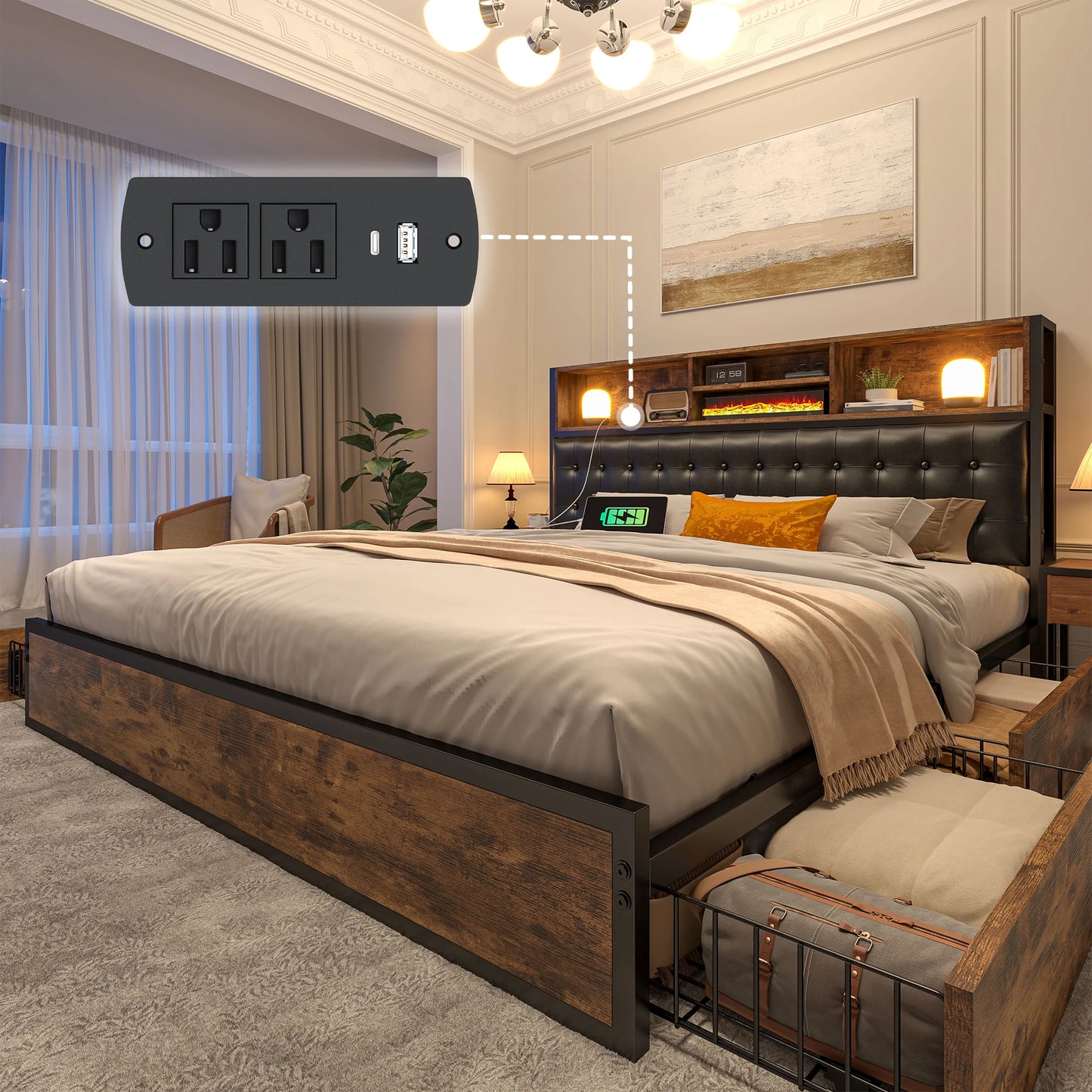 EnHomee Bed Frame With Upholstered Headboard Storage Drawers Charging Station