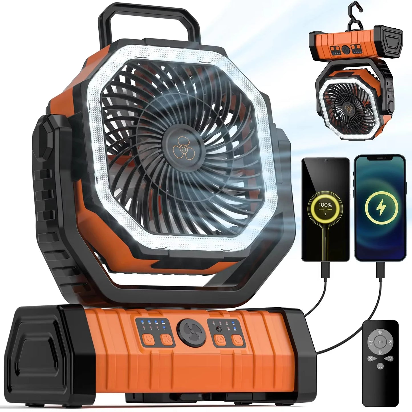 Camping Fan 20000mAh Rechargeable Battery Powered With LED Light