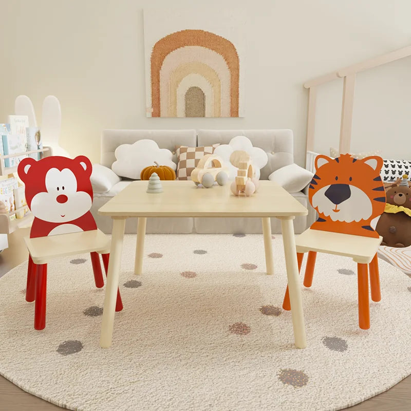 AZIAMOR Kids Table and Chairs Set Bear Tiger Wooden Activity