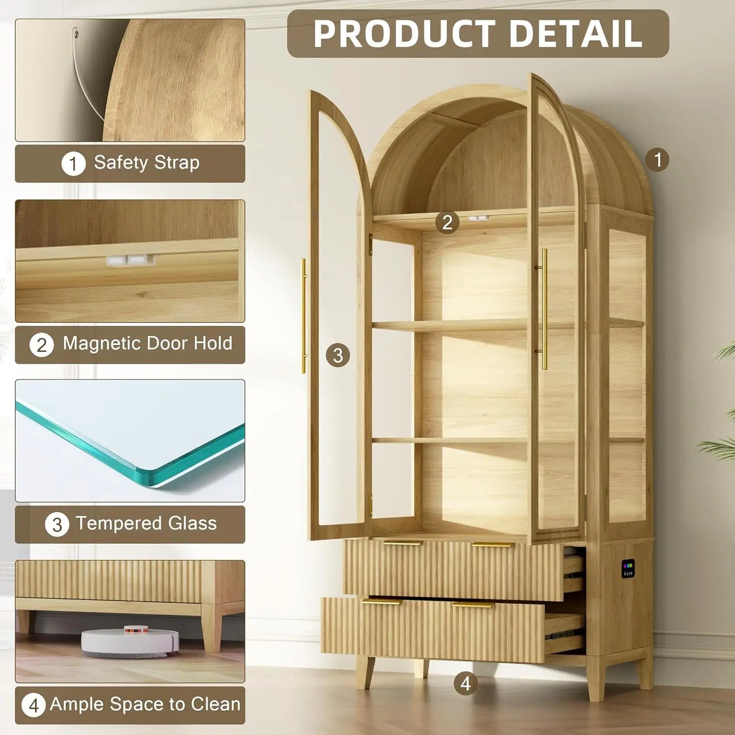 Arched RGB Curio Cabinet With Glass Doors And Drawers