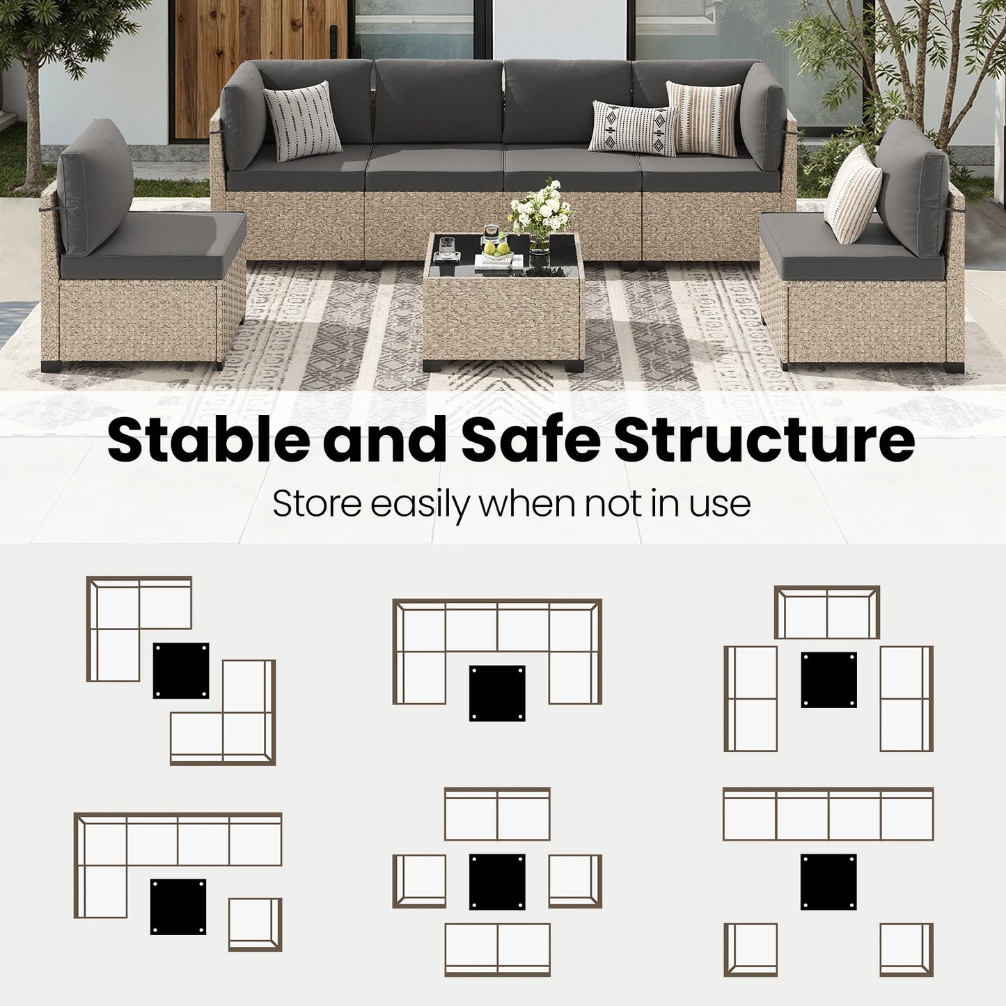 Soohow 7 Piece Outdoor Patio Furniture Set Rattan Glass Table