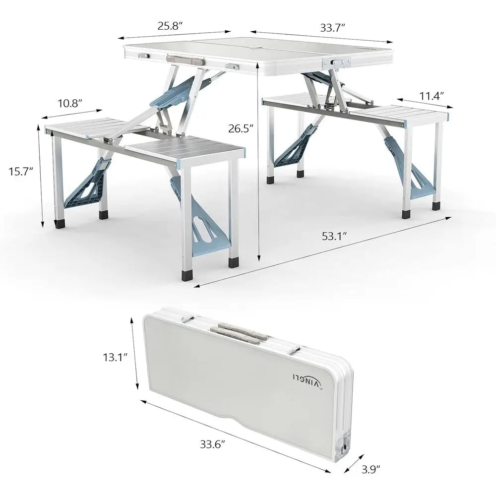 Foldable Aluminum Picnic Table With Seats And Umbrella Hole Portable Handle