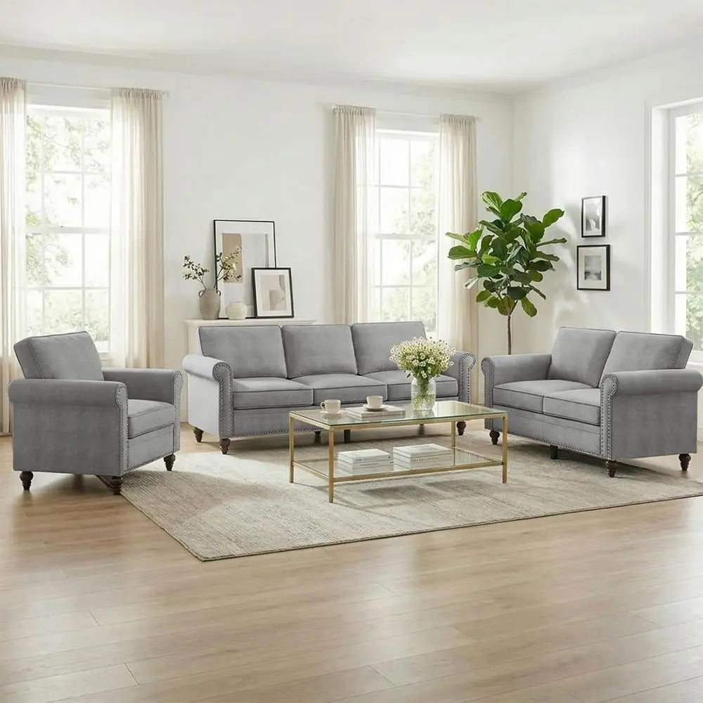 3-Piece Linen Sofa Set With Nailhead Trim Modern Living Room Furniture