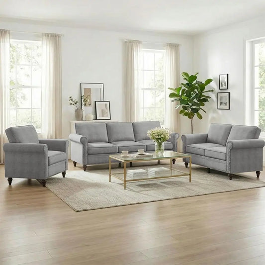 3-Piece Linen Sofa Set With Nailhead Trim Modern Living Room Furniture