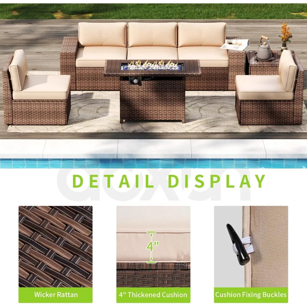 7 Piece Outdoor Patio Furniture Set With Fire Pit Table And Cushions