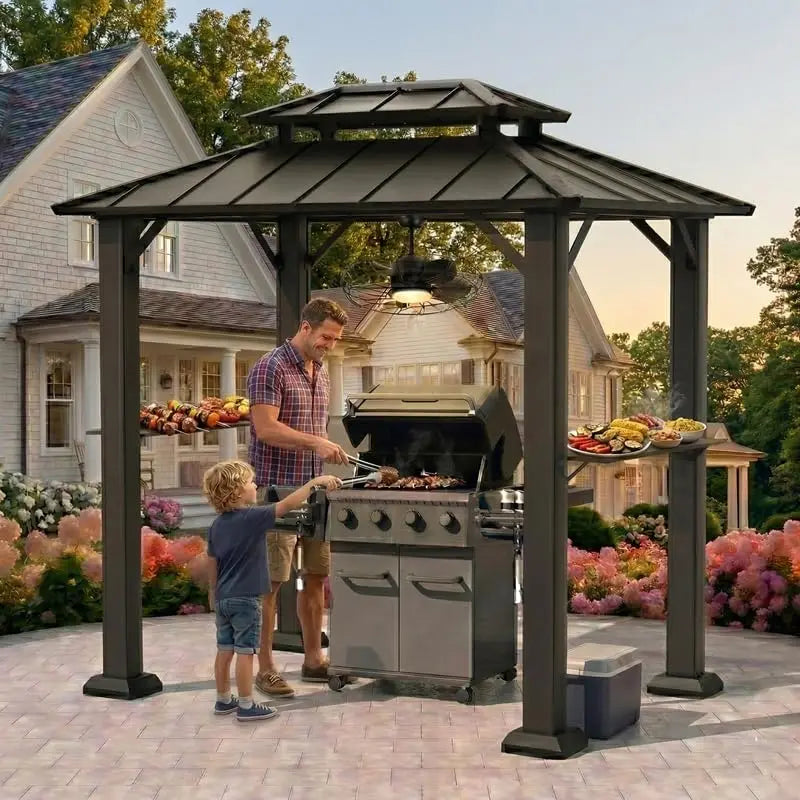 Grill Gazebo With String Lights Outdoor Galvanized Steel Hardtop Canopy